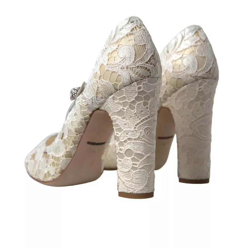 Dolce & Gabbana White Lace Crystals Heels Sandals Shoes - Hilstor