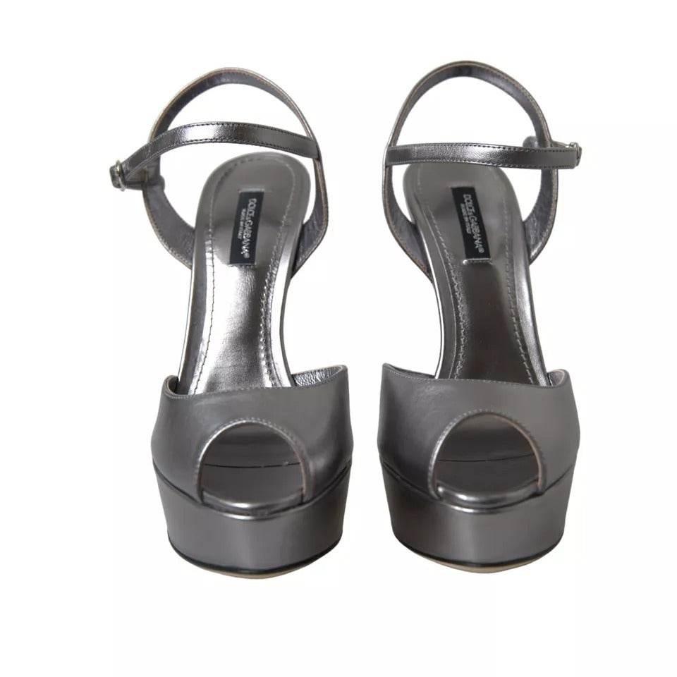 Dolce & Gabbana Silver Leather Platform Heels Sandals Shoes - Hilstor