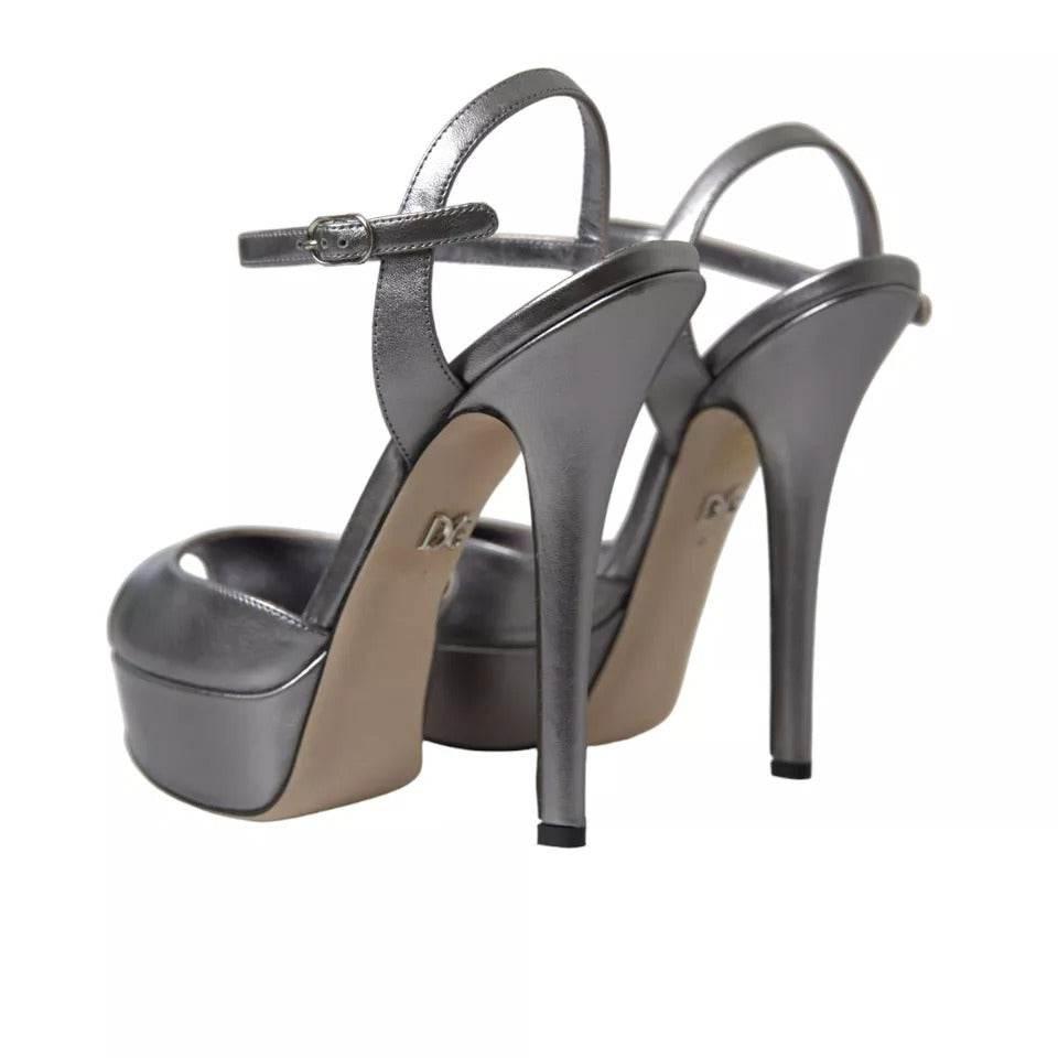 Dolce & Gabbana Silver Leather Platform Heels Sandals Shoes - Hilstor