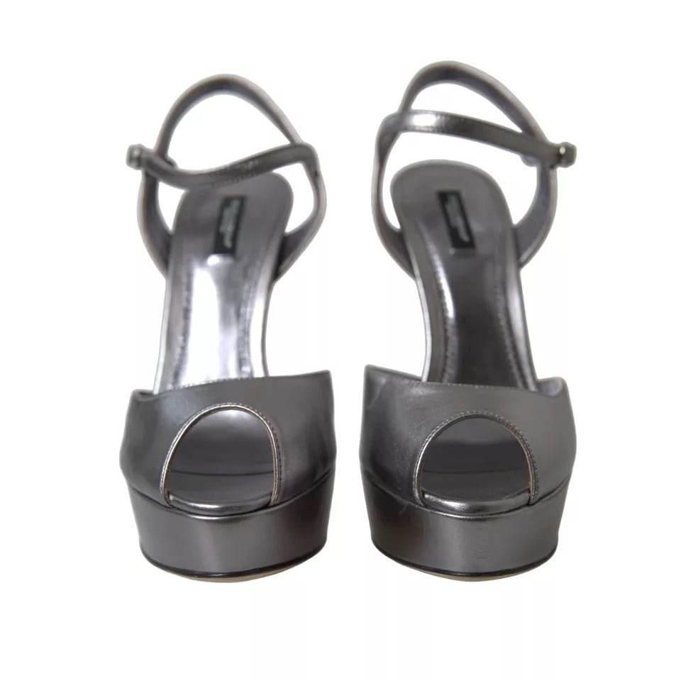 Dolce & Gabbana Silver Leather Platform Heels Sandals Shoes - Hilstor
