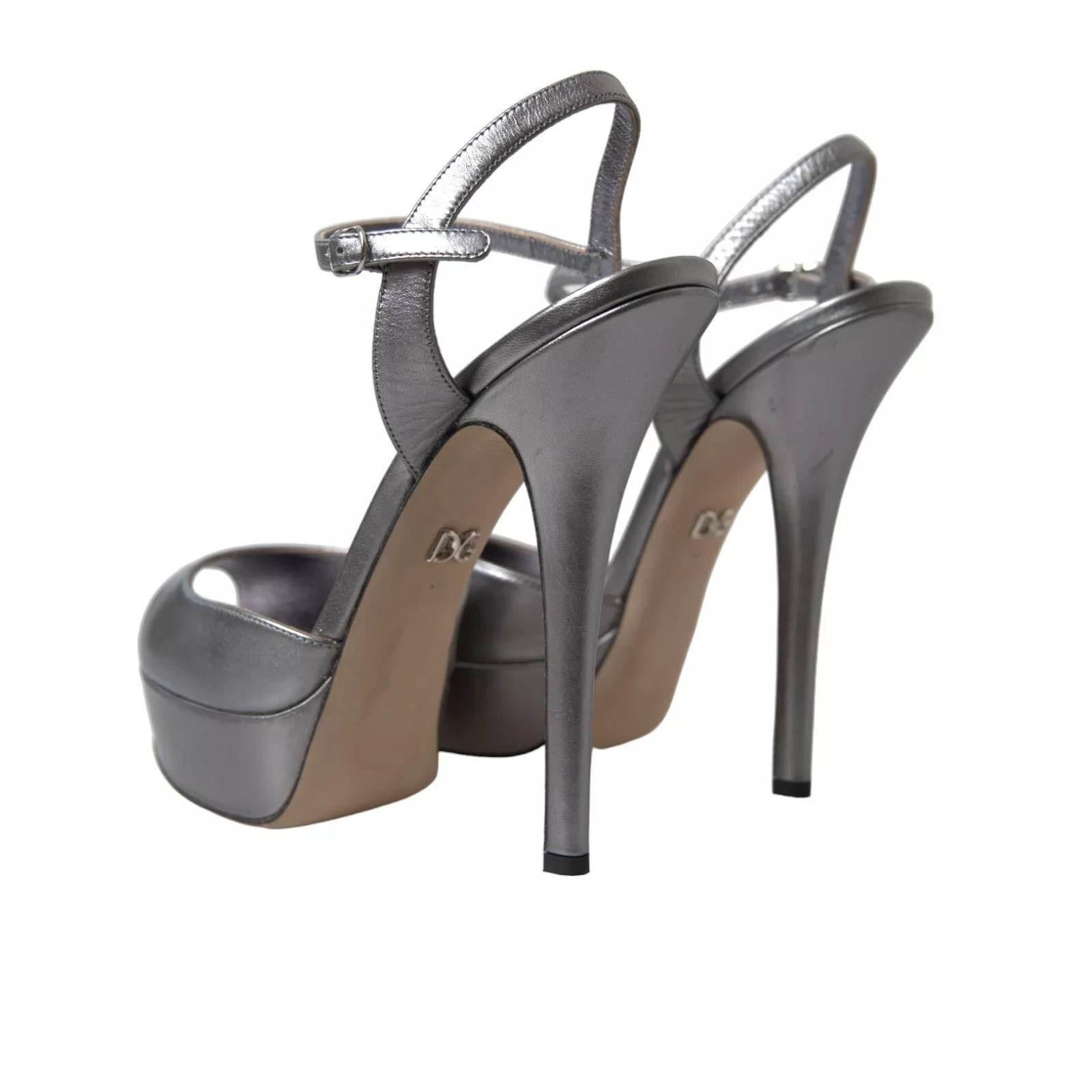 Dolce & Gabbana Silver Leather Platform Heels Sandals Shoes - Hilstor