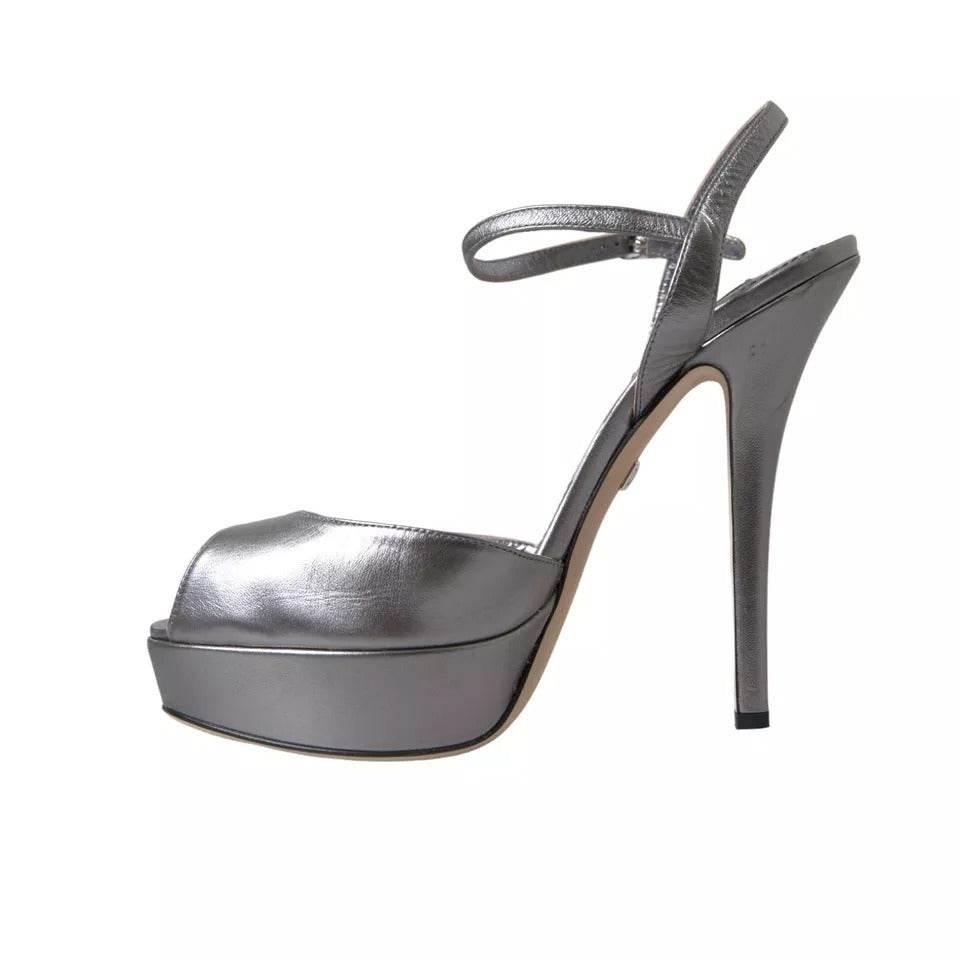 Dolce & Gabbana Silver Leather Platform Heels Sandals Shoes - Hilstor