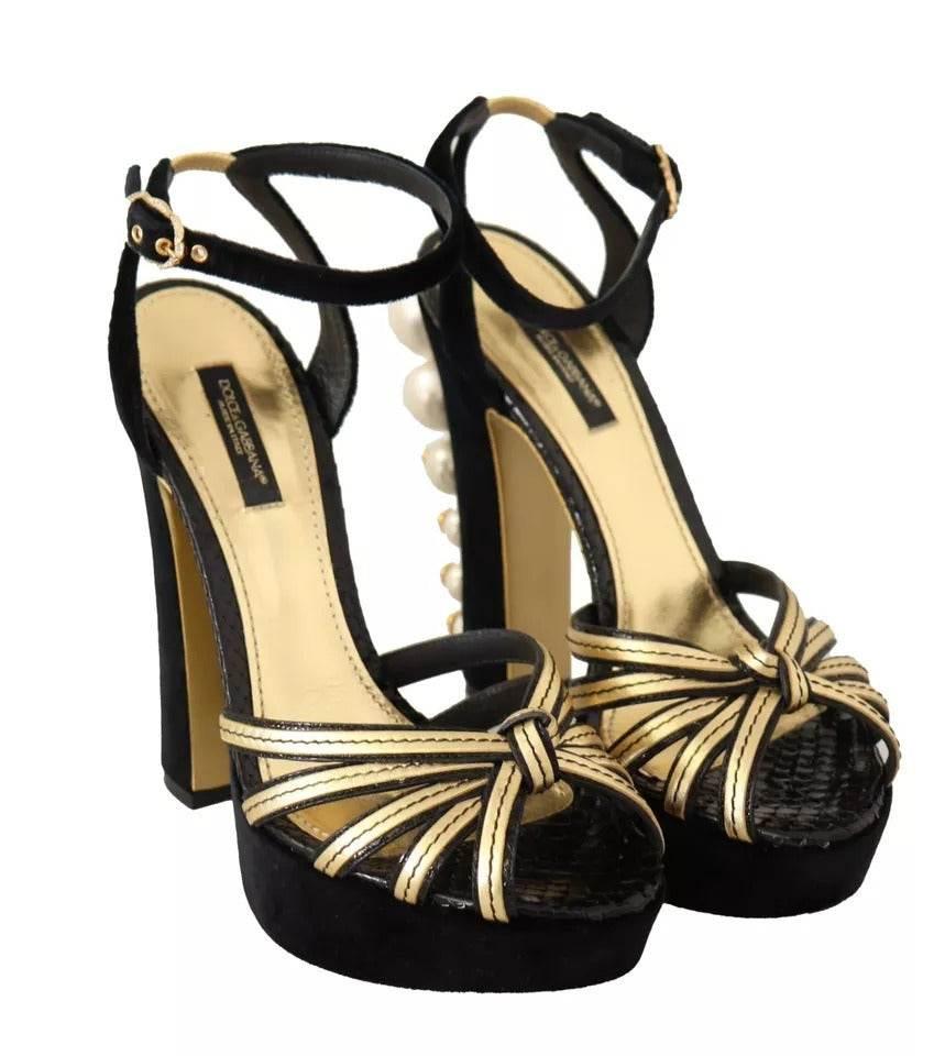 Dolce & Gabbana Black Gold Bianca Faux Pearl Sandals - Hilstor