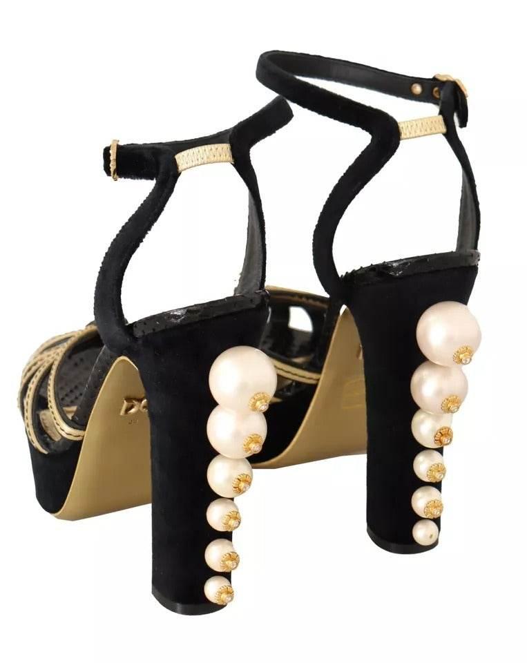 Dolce & Gabbana Black Gold Bianca Faux Pearl Sandals - Hilstor