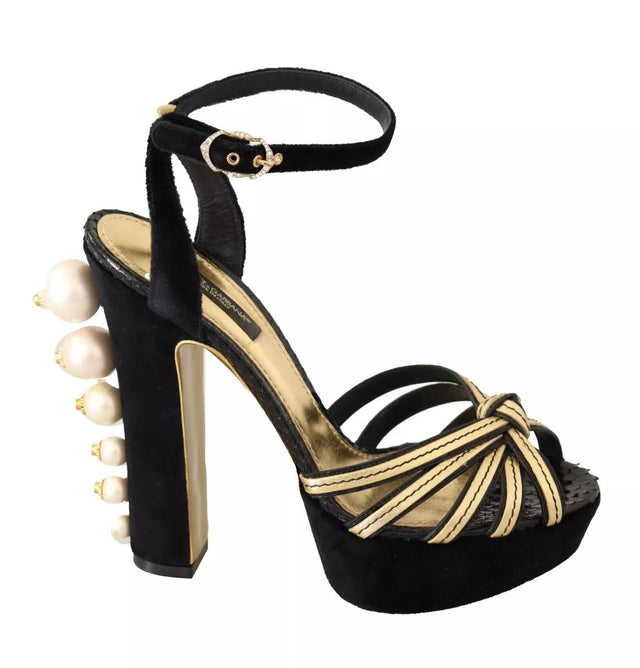 Dolce & Gabbana Black Gold Bianca Faux Pearl Sandals - Hilstor
