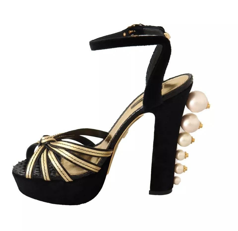 Dolce & Gabbana Black Gold Bianca Faux Pearl Sandals - Hilstor