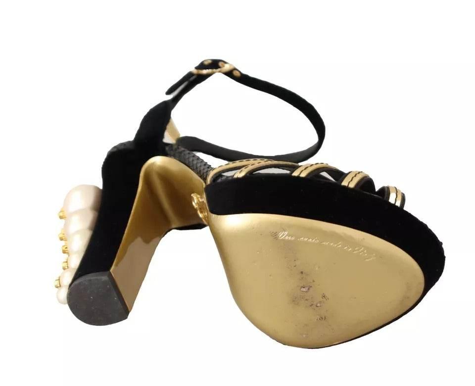 Dolce & Gabbana Black Gold Bianca Faux Pearl Sandals - Hilstor