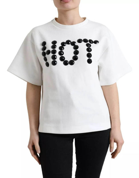 Dolce & Gabbana White Cotton Stretch Black HOT Crystal T-shirt - Hilstor