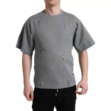 Dolce & Gabbana Gray Cotton Embellished Crew Neck T-shirt - Hilstor