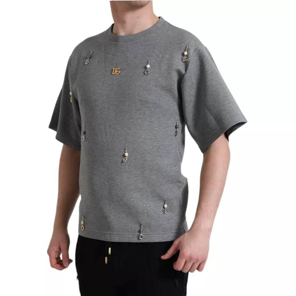 Dolce & Gabbana Gray Cotton Embellished Crew Neck T-shirt - Hilstor