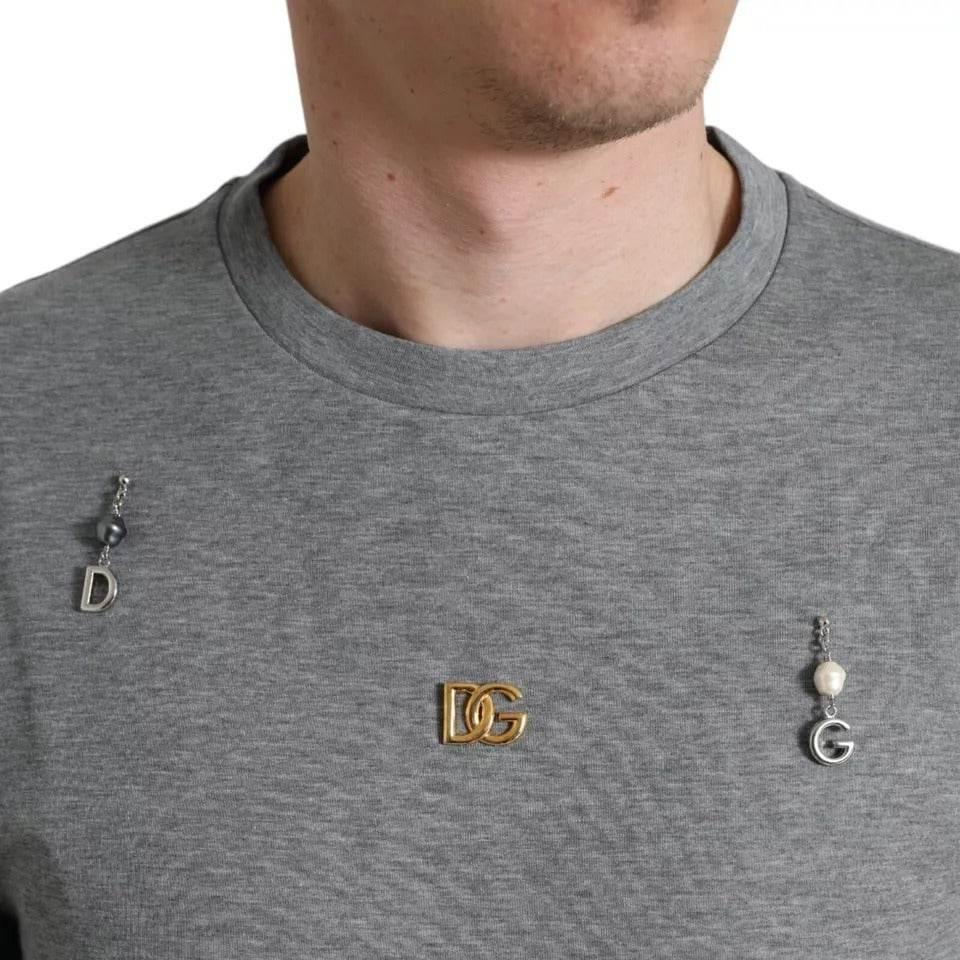 Dolce & Gabbana Gray Cotton Embellished Crew Neck T-shirt - Hilstor