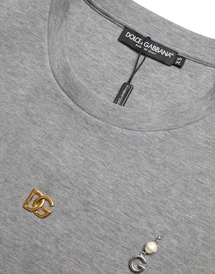 Dolce & Gabbana Gray Cotton Embellished Crew Neck T-shirt - Hilstor