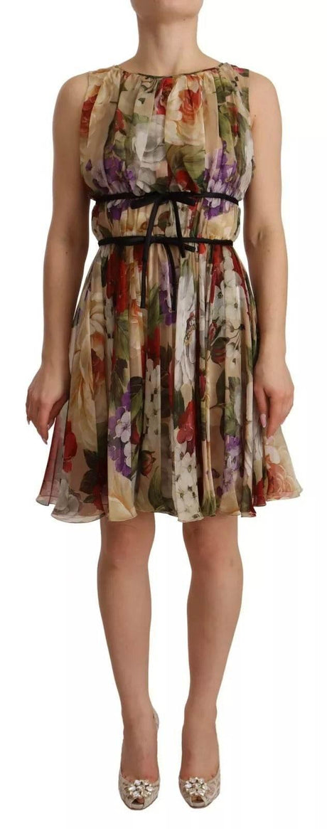 Dolce & Gabbana Beige Floral Sleeveless Round Neck Mini Dress - Hilstor