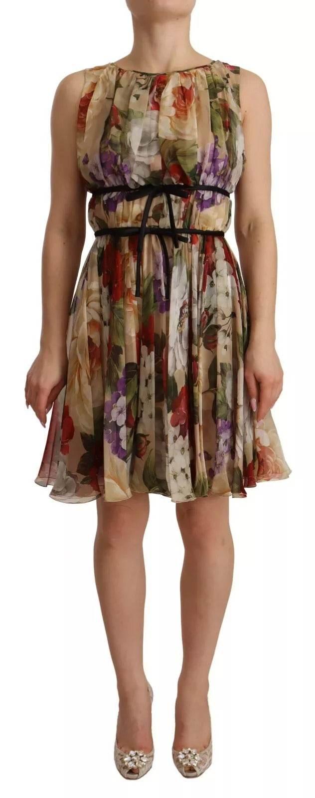 Dolce & Gabbana Beige Floral Sleeveless Round Neck Mini Dress - Hilstor