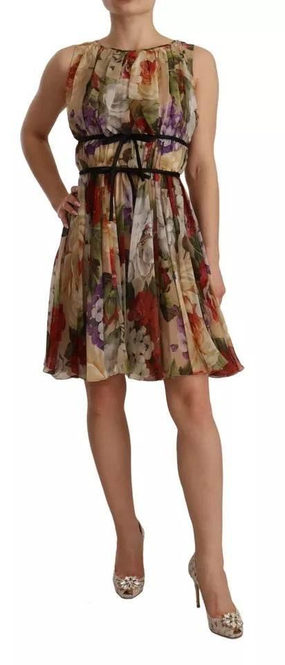 Dolce & Gabbana Beige Floral Sleeveless Round Neck Mini Dress - Hilstor