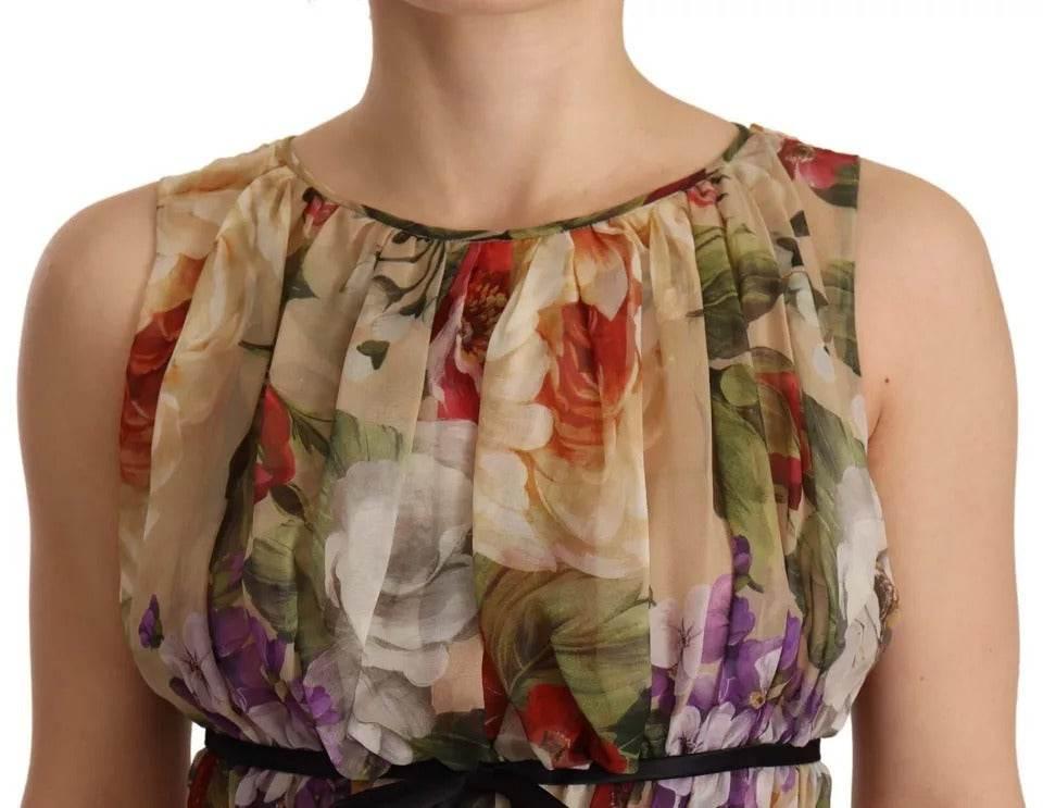 Dolce & Gabbana Beige Floral Sleeveless Round Neck Mini Dress - Hilstor