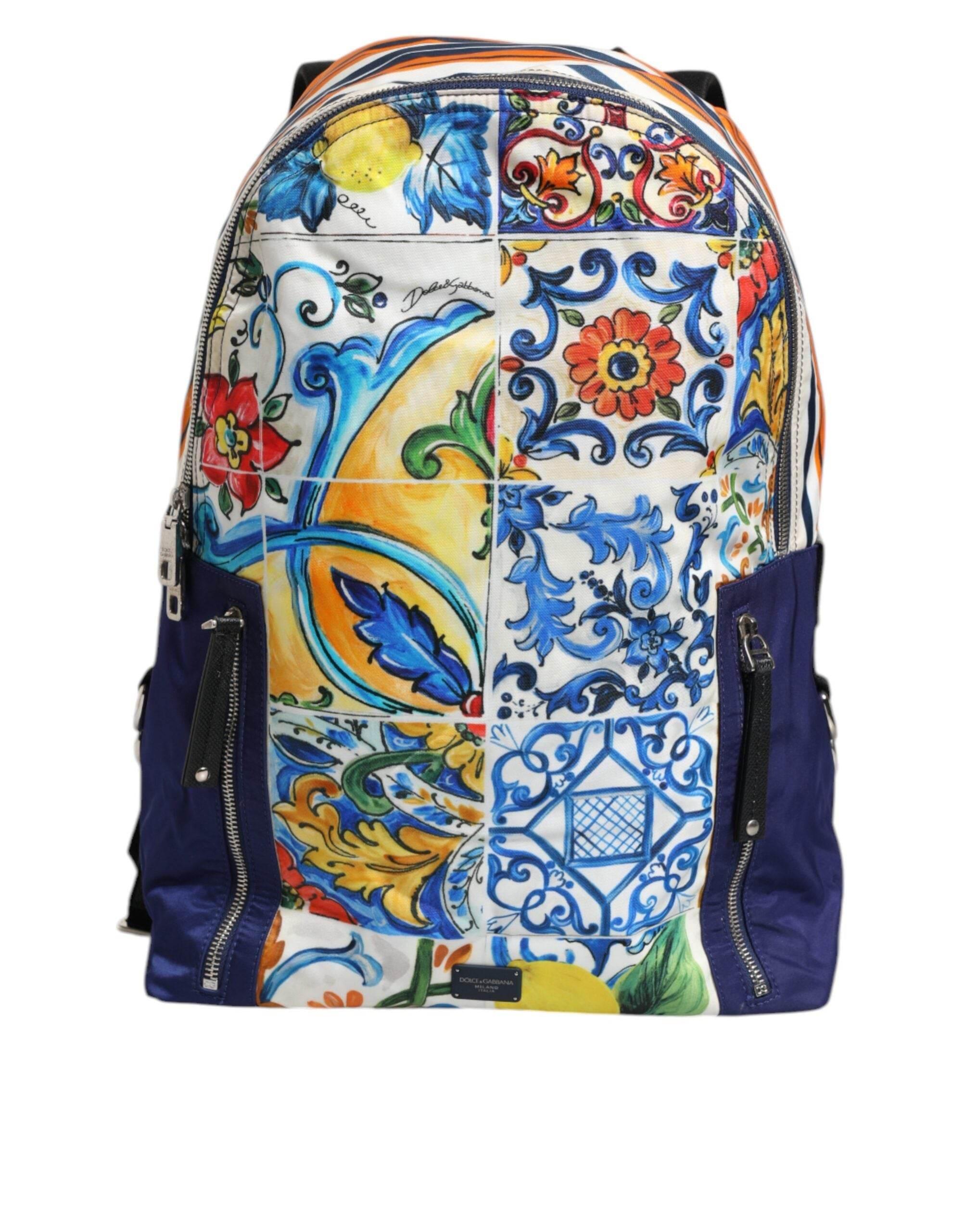 Dolce & Gabbana Multicolor Majolica Print Nylon School Backpack Bag - Hilstor