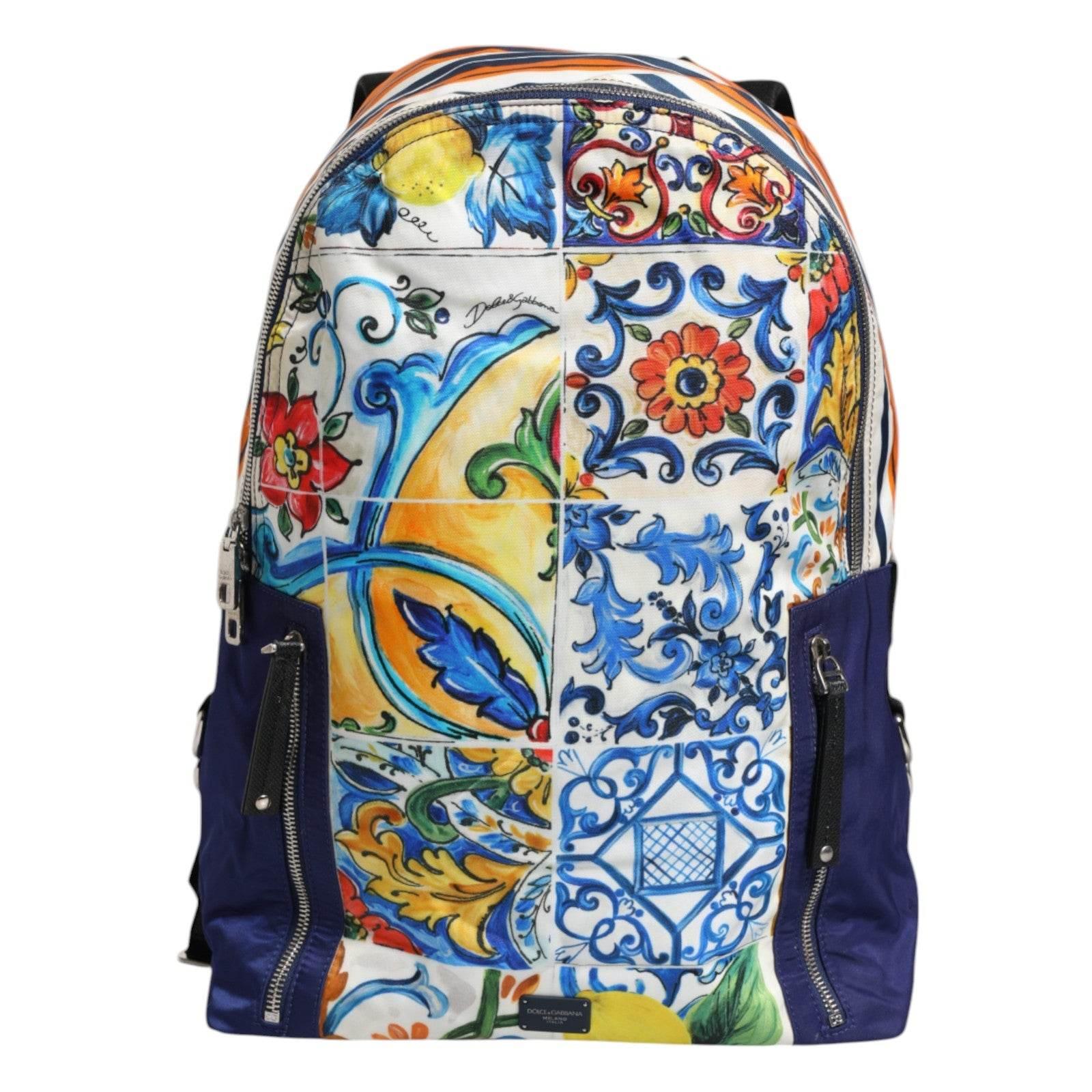 Dolce & Gabbana Multicolor Majolica Print Nylon School Backpack Bag - Hilstor