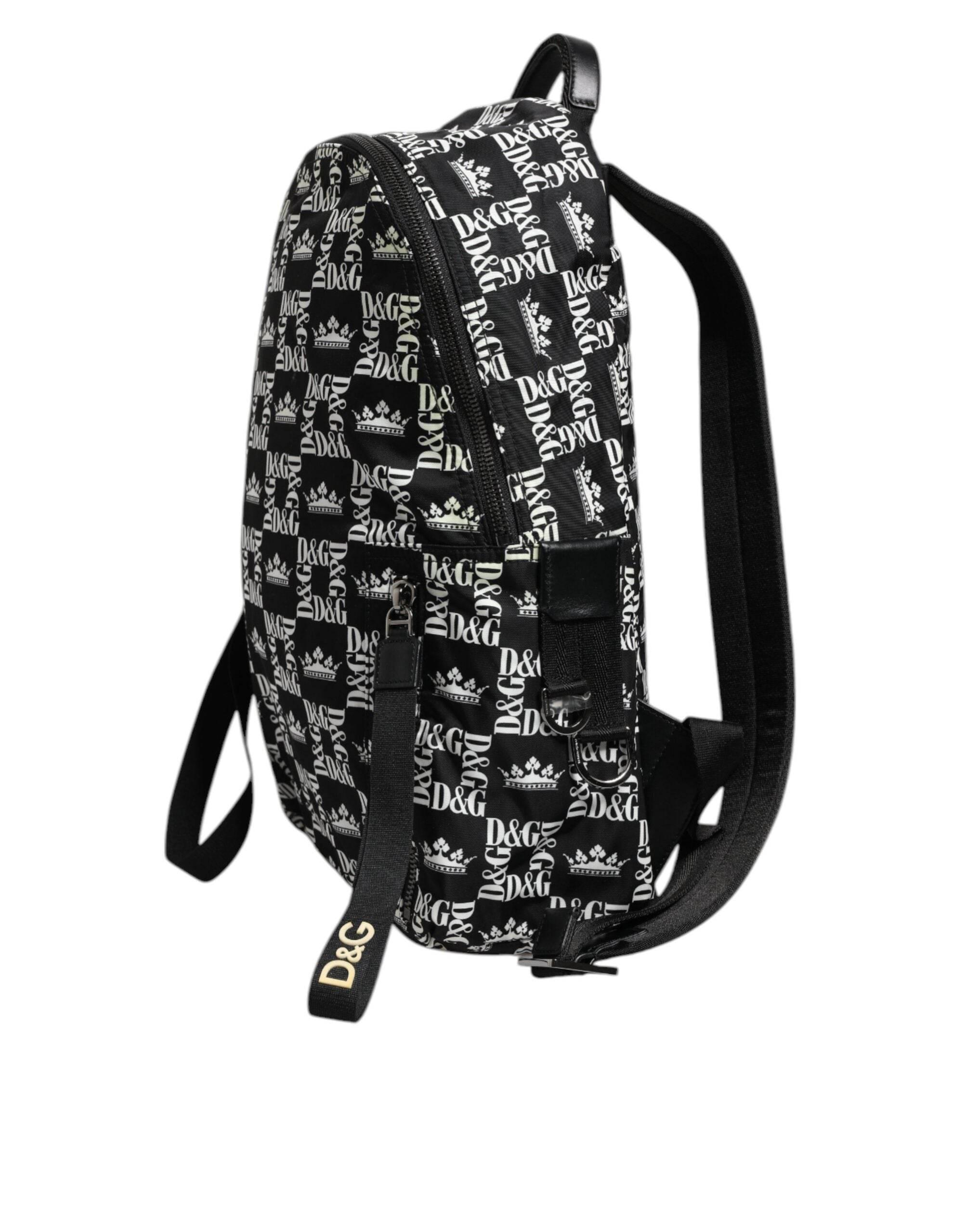 Dolce & Gabbana Black White Crown Printed Nylon School Backpack Bag - Hilstor