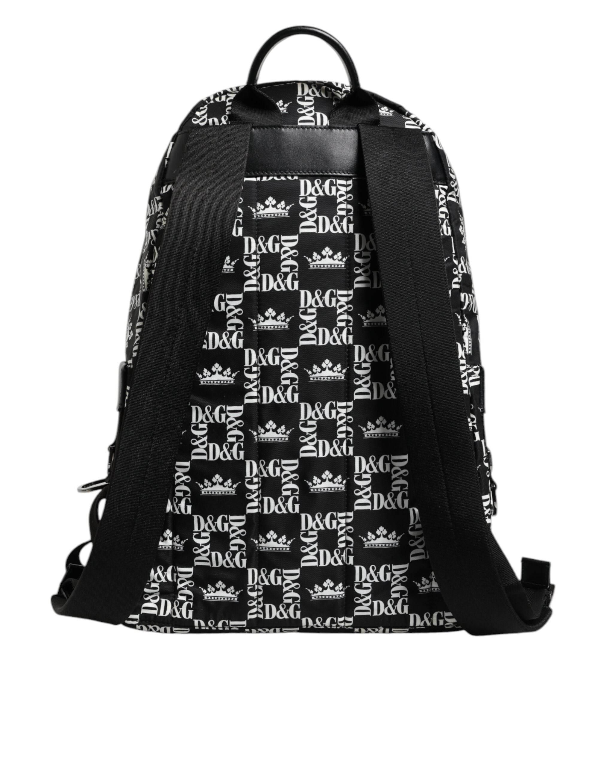 Dolce & Gabbana Black White Crown Printed Nylon School Backpack Bag - Hilstor