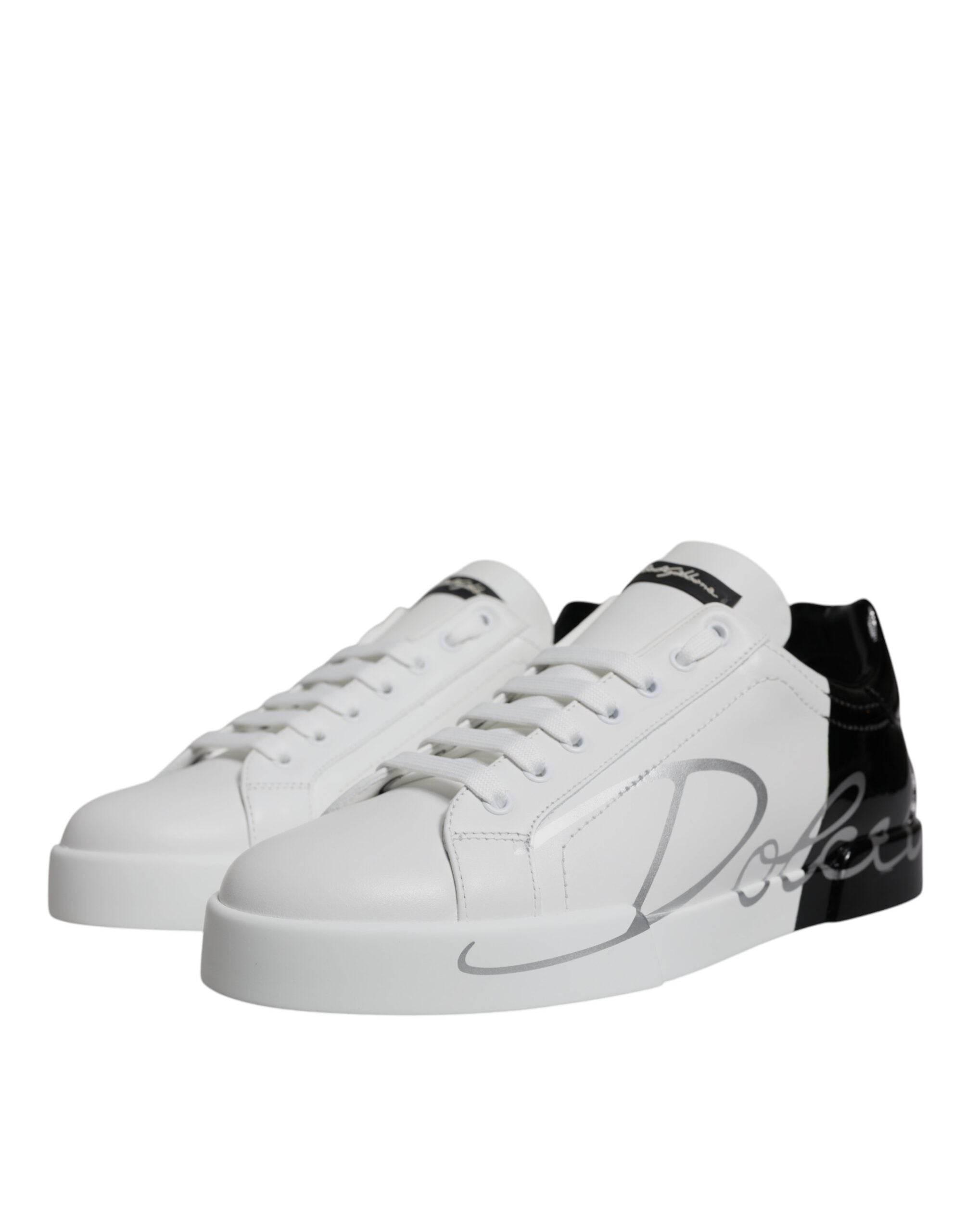 Dolce & Gabbana White Black Logo Portofino Sneaker Shoes - Hilstor