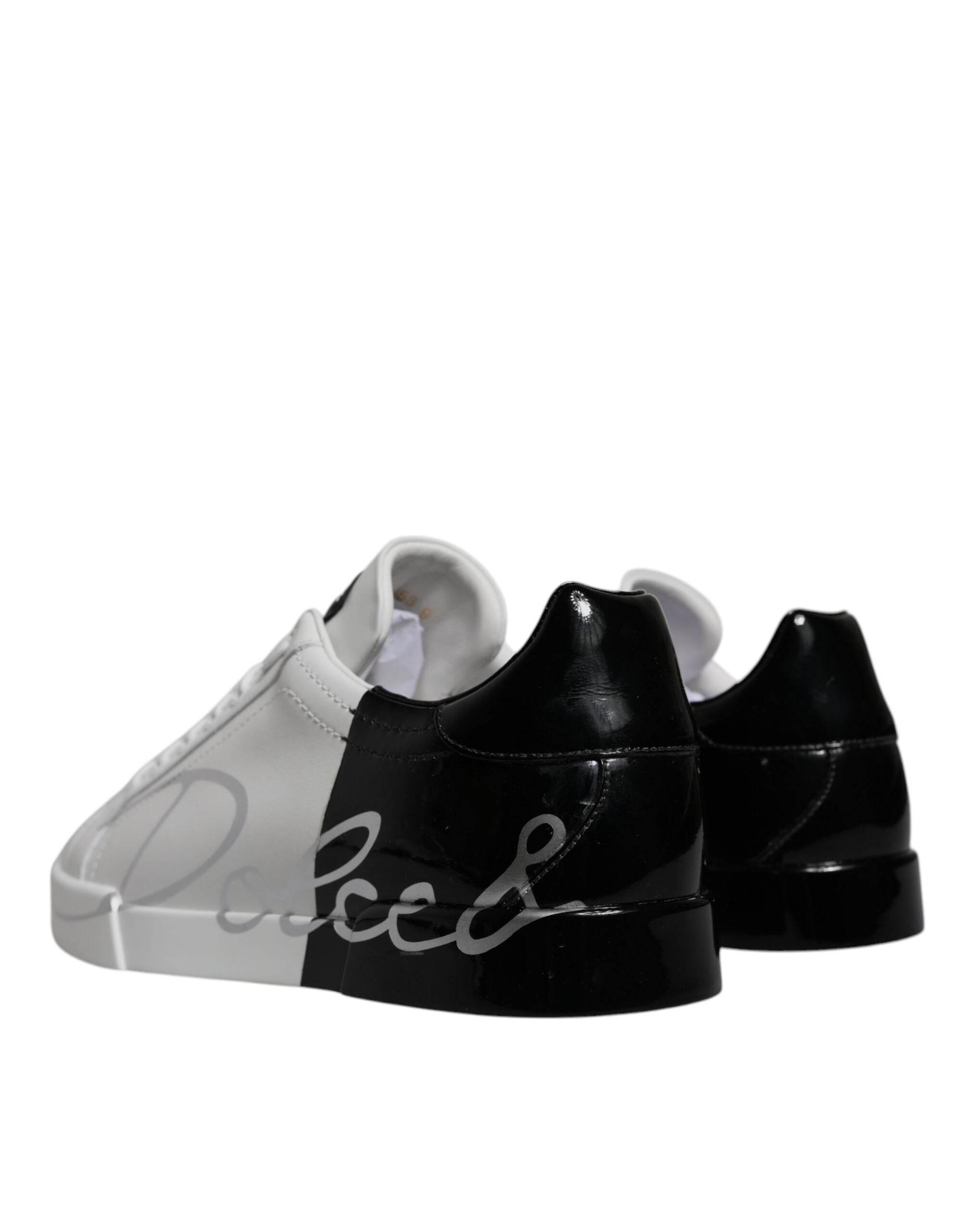 Dolce & Gabbana White Black Logo Portofino Sneaker Shoes - Hilstor