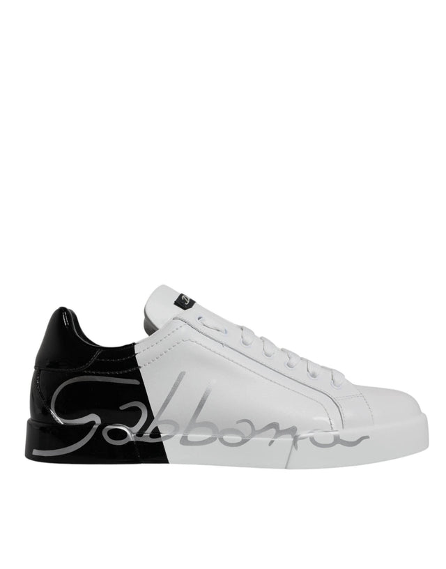Dolce & Gabbana White Black Logo Portofino Sneaker Shoes - Hilstor