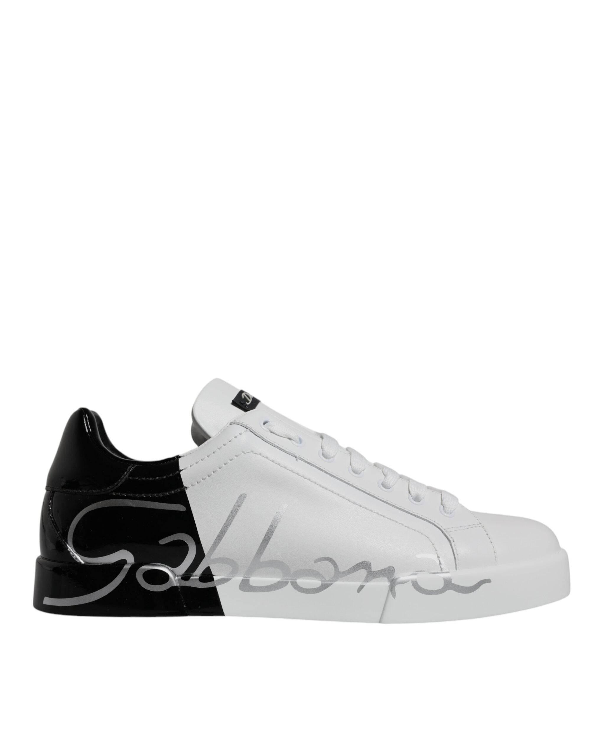 Dolce & Gabbana White Black Logo Portofino Sneaker Shoes - Hilstor