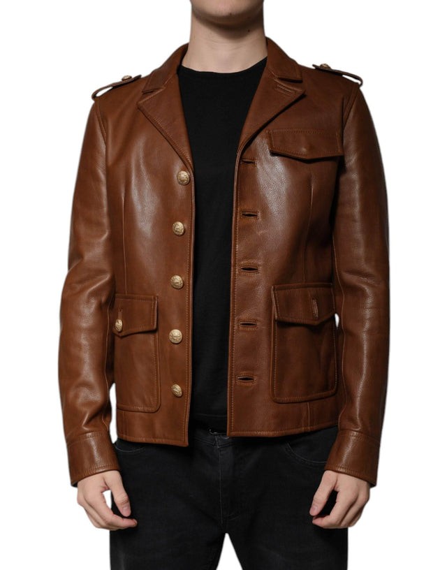 Dolce & Gabbana Brown Calfskin Leather Button Down Jacket - Hilstor