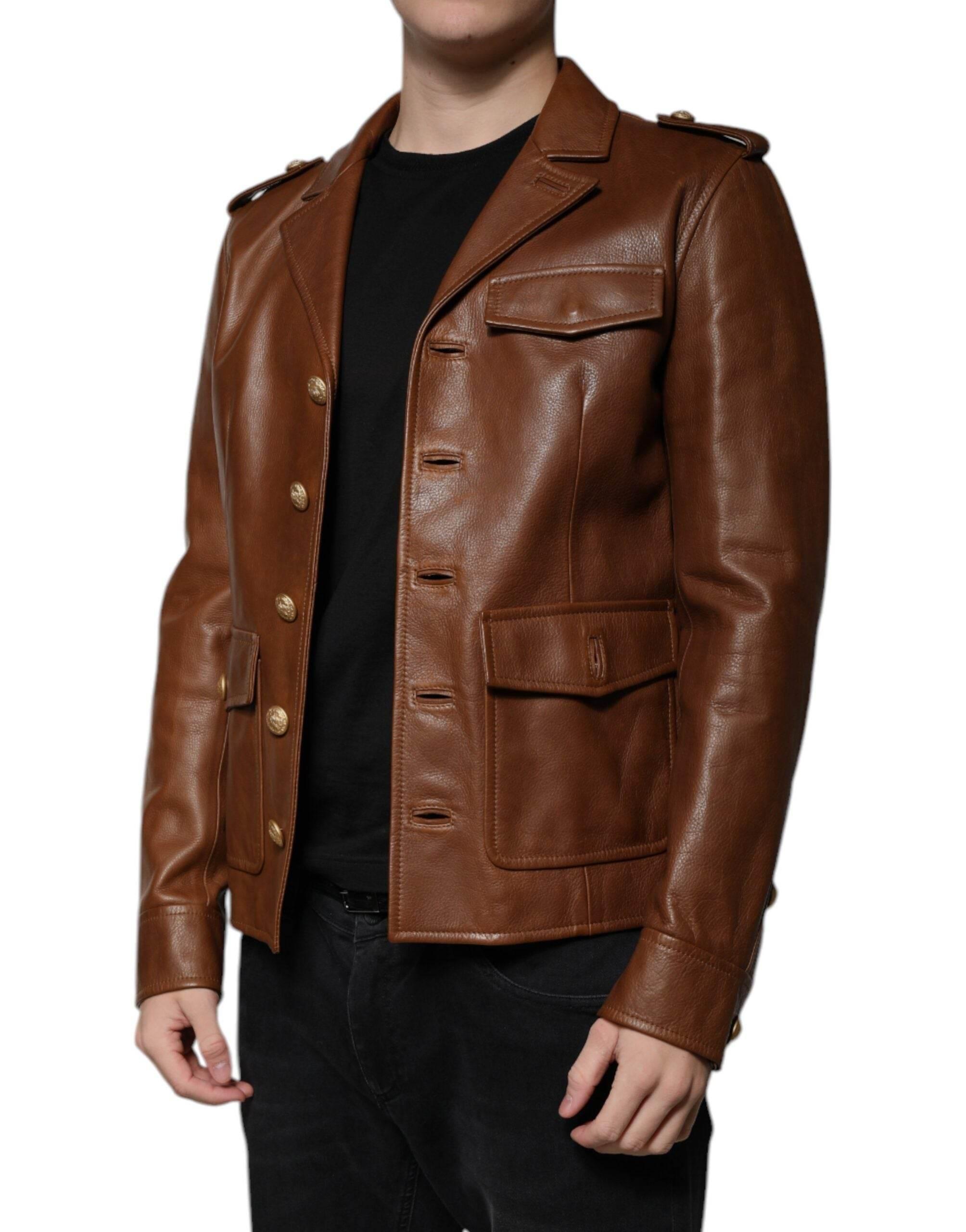 Dolce & Gabbana Brown Calfskin Leather Button Down Jacket - Hilstor