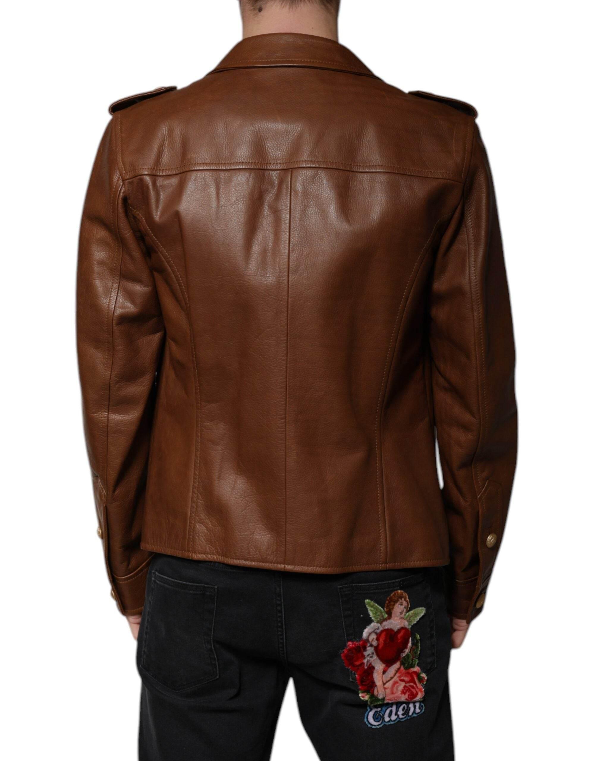 Dolce & Gabbana Brown Calfskin Leather Button Down Jacket - Hilstor