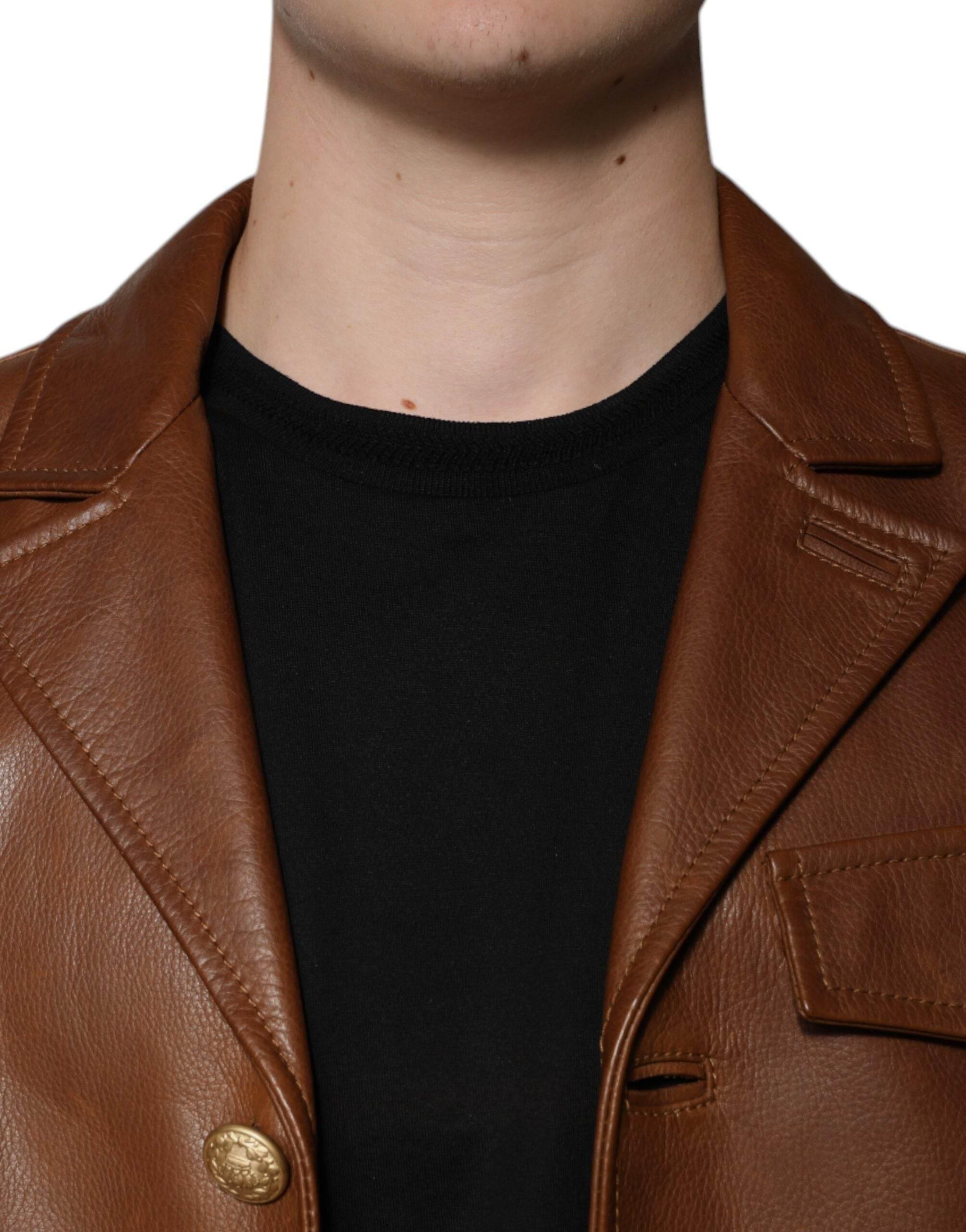 Dolce & Gabbana Brown Calfskin Leather Button Down Jacket - Hilstor