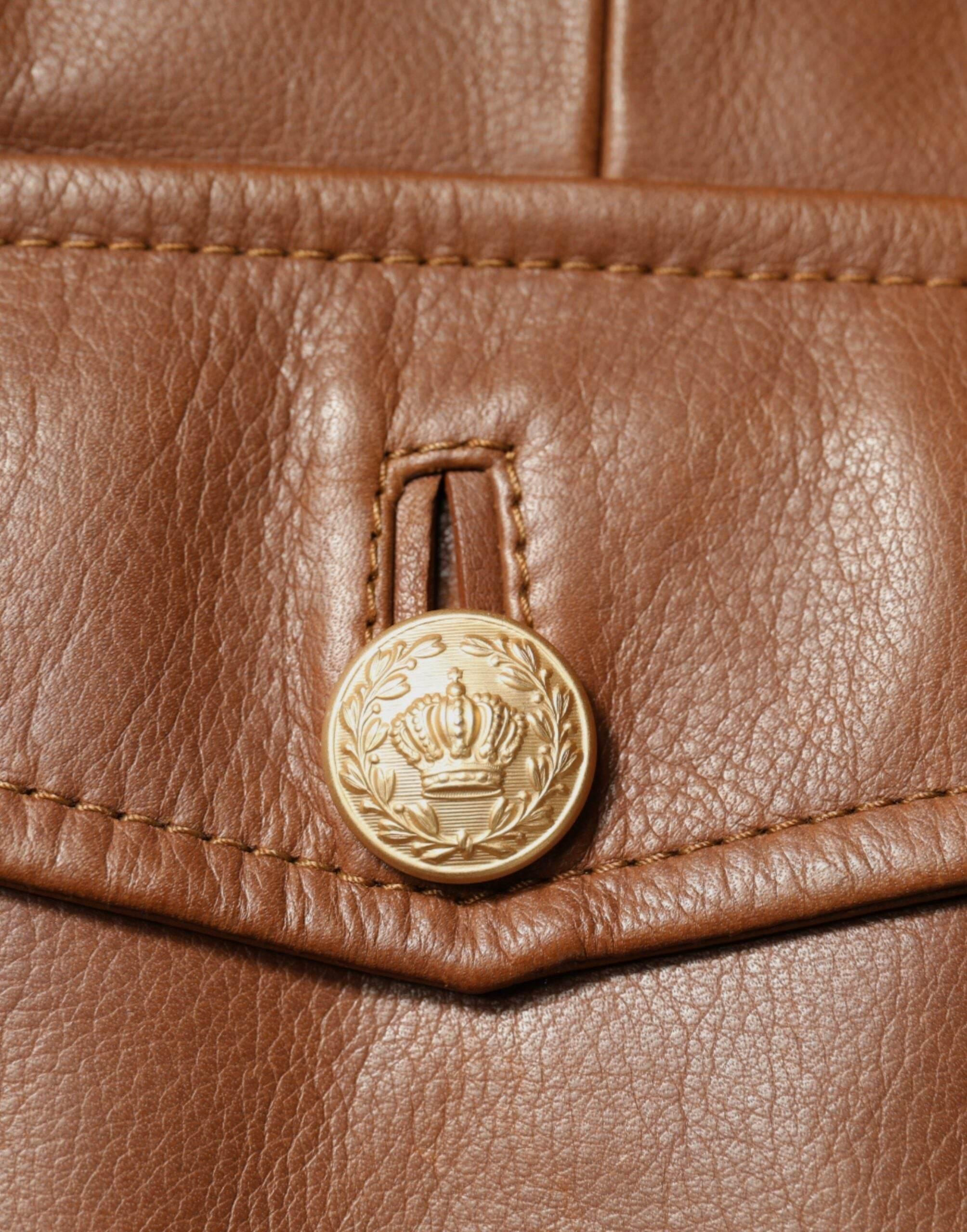 Dolce & Gabbana Brown Calfskin Leather Button Down Jacket - Hilstor