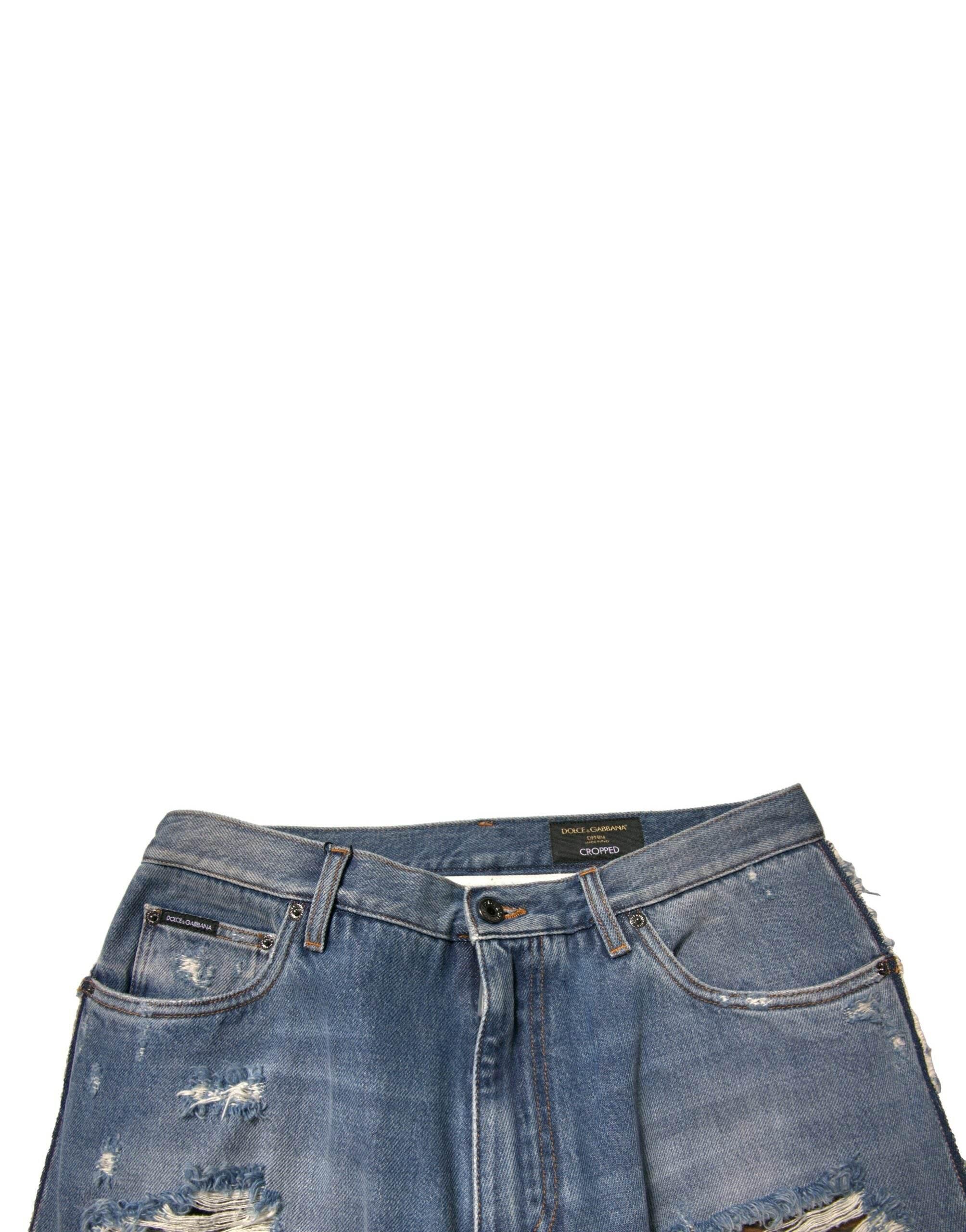 Dolce & Gabbana Blue Tattered Straight Cropped Denim Jeans - Hilstor