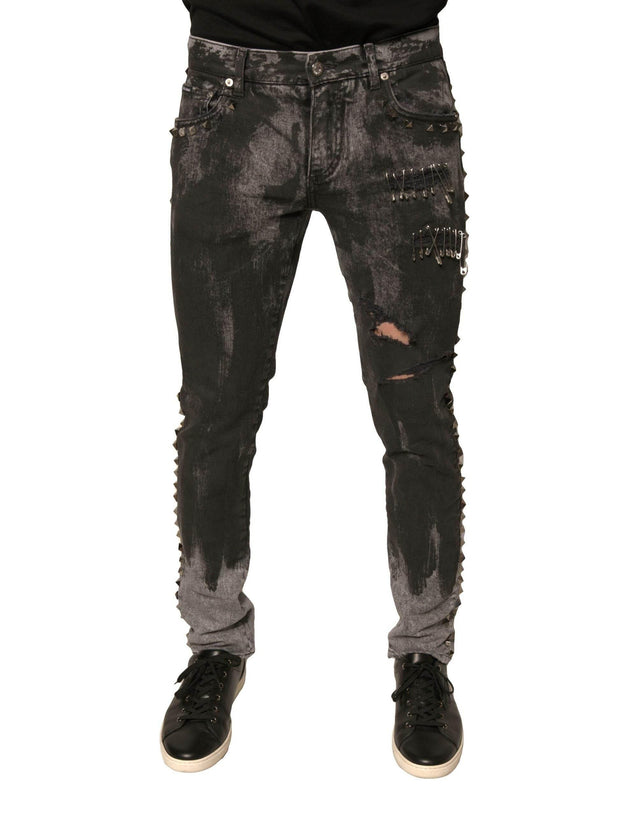 Dolce & Gabbana Gray Embellished Cotton Skinny Denim Jeans - Hilstor