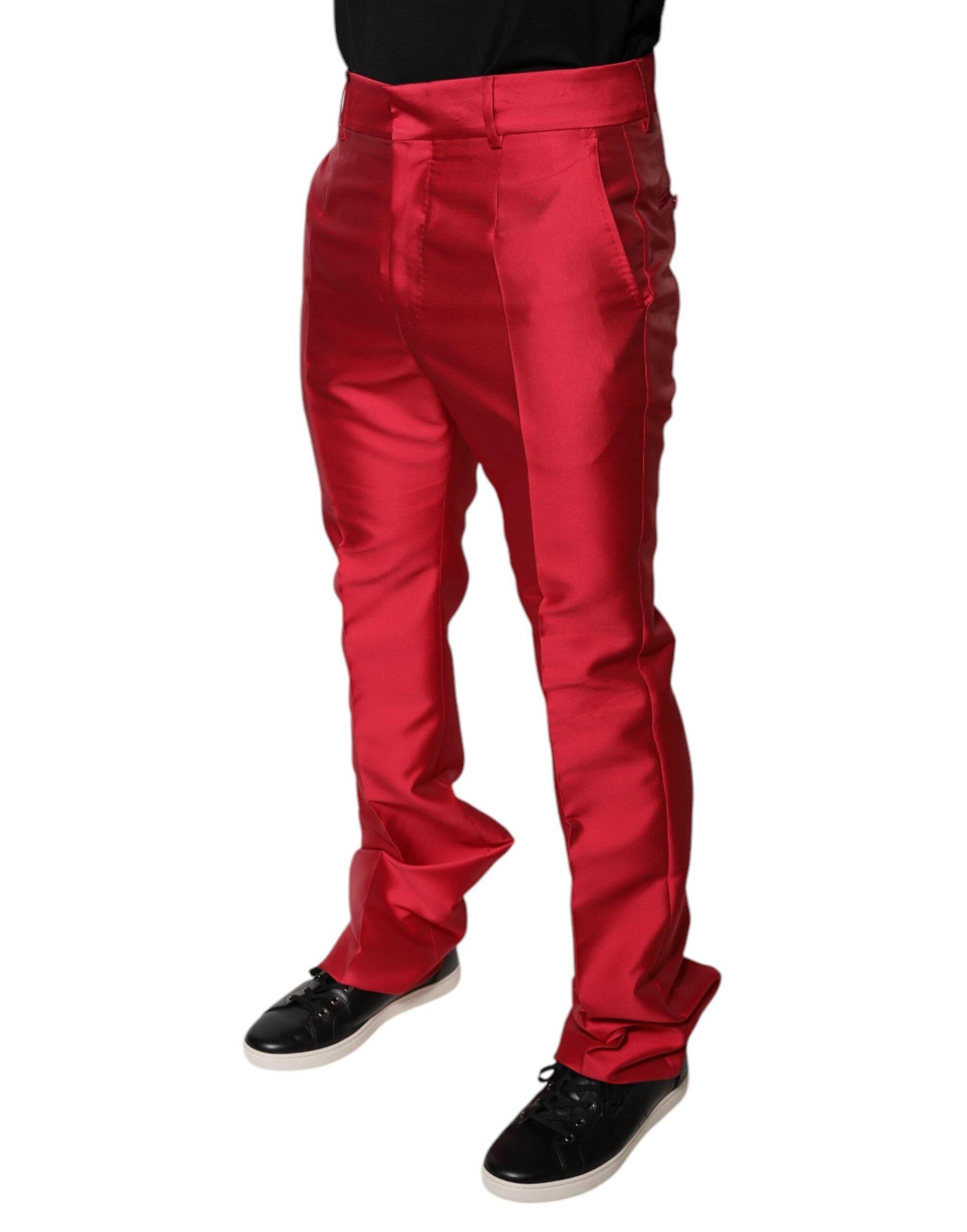 Dolce & Gabbana Red Silk Slim Fit Mid Waist Dress Formal Pants - Hilstor