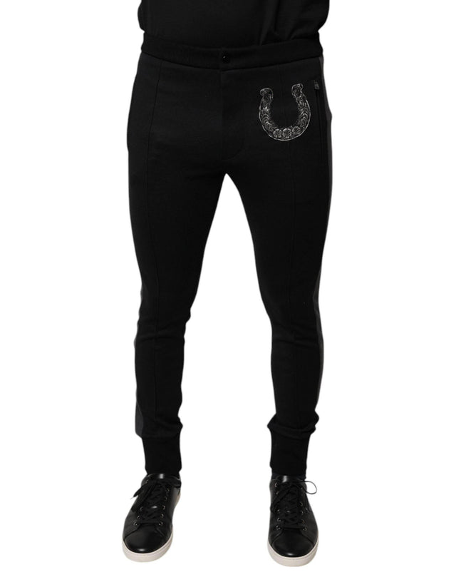 Dolce & Gabbana Black Horseshoe Embellished Wool Slim Fit Pants - Hilstor