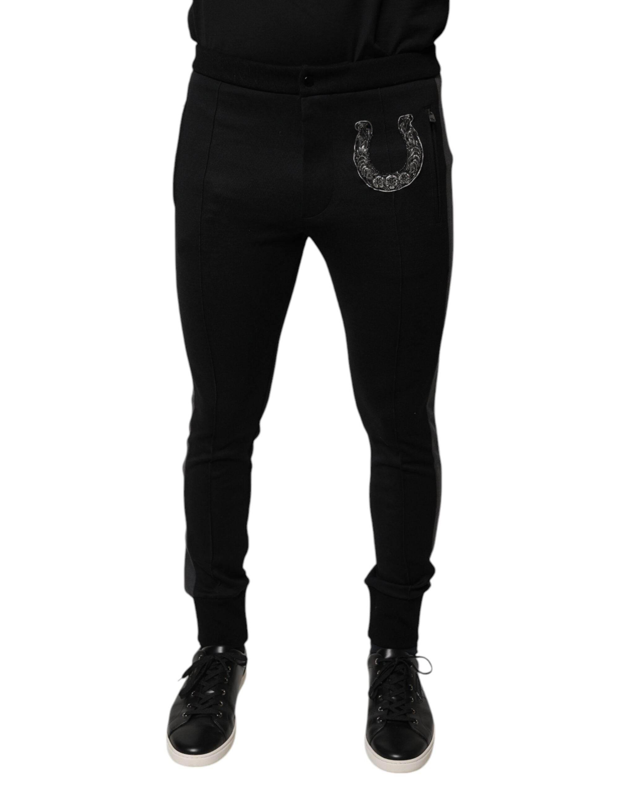 Dolce & Gabbana Black Horseshoe Embellished Wool Slim Fit Pants - Hilstor
