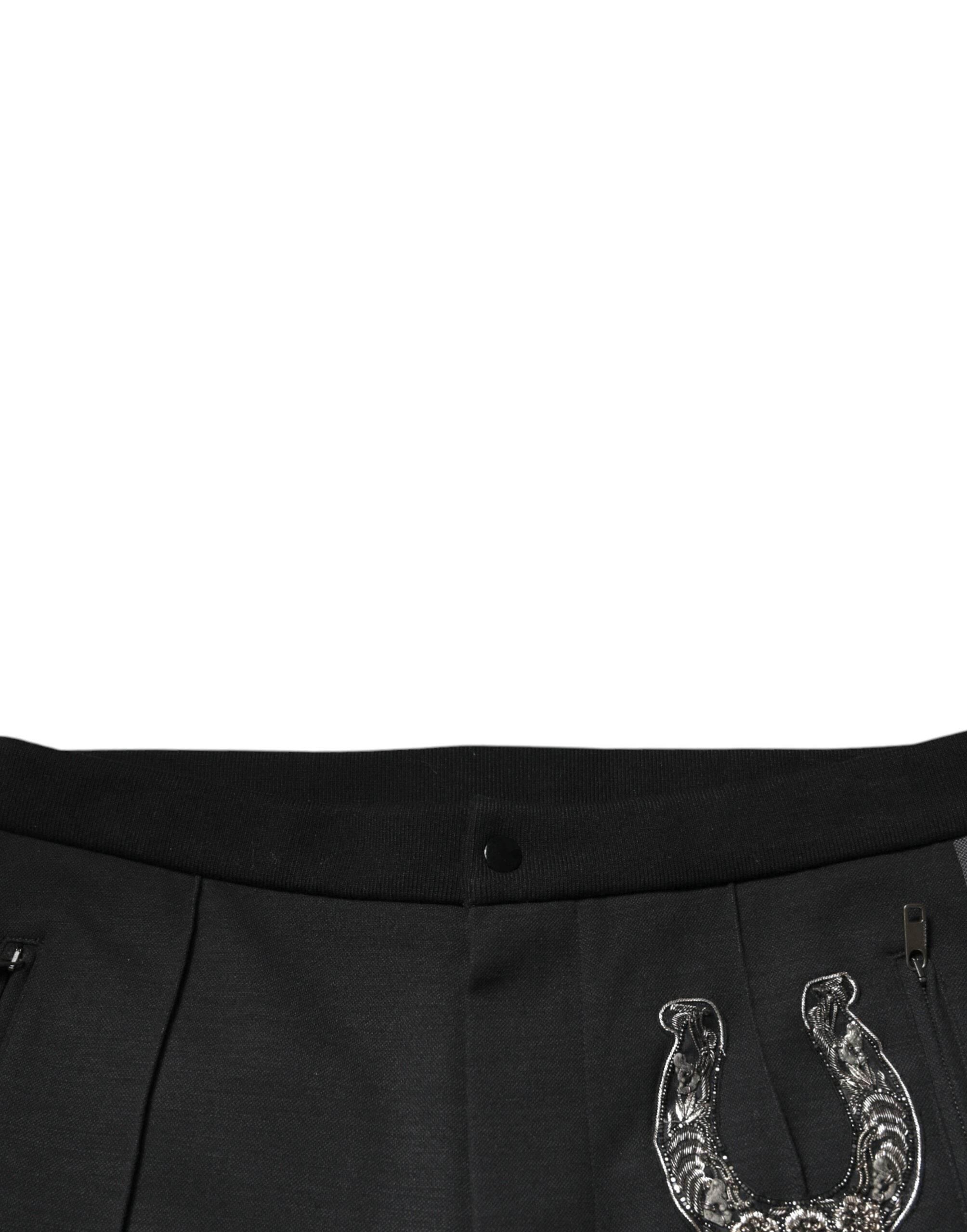 Dolce & Gabbana Black Horseshoe Embellished Wool Slim Fit Pants - Hilstor