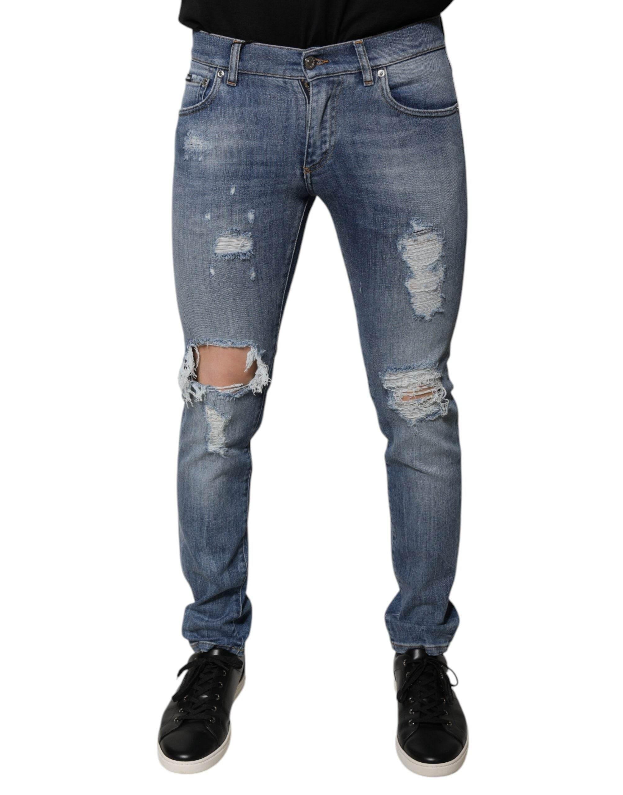 Dolce & Gabbana Blue Tattered Cotton Stretch Skinny Denim Jeans - Hilstor