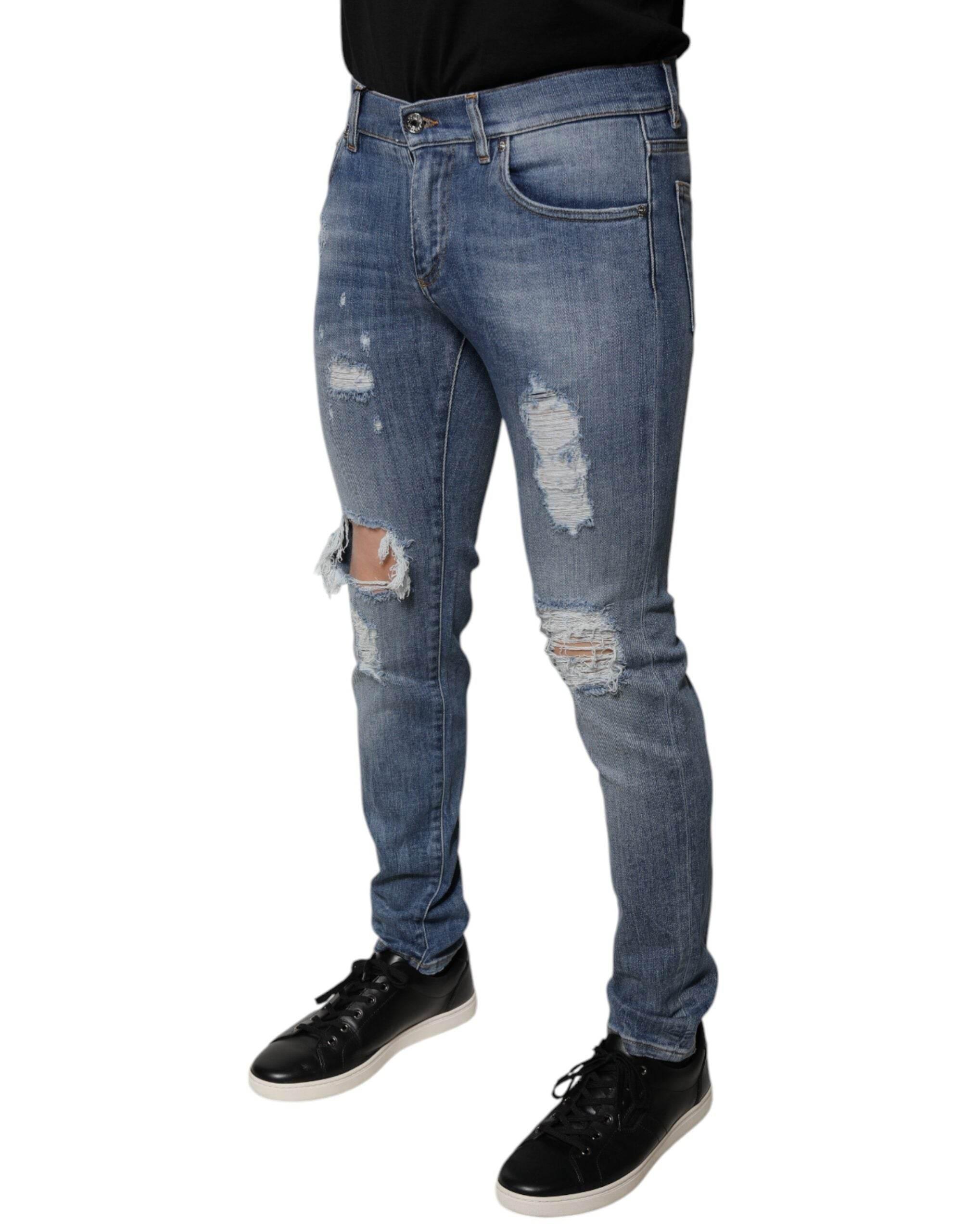 Dolce & Gabbana Blue Tattered Cotton Stretch Skinny Denim Jeans - Hilstor