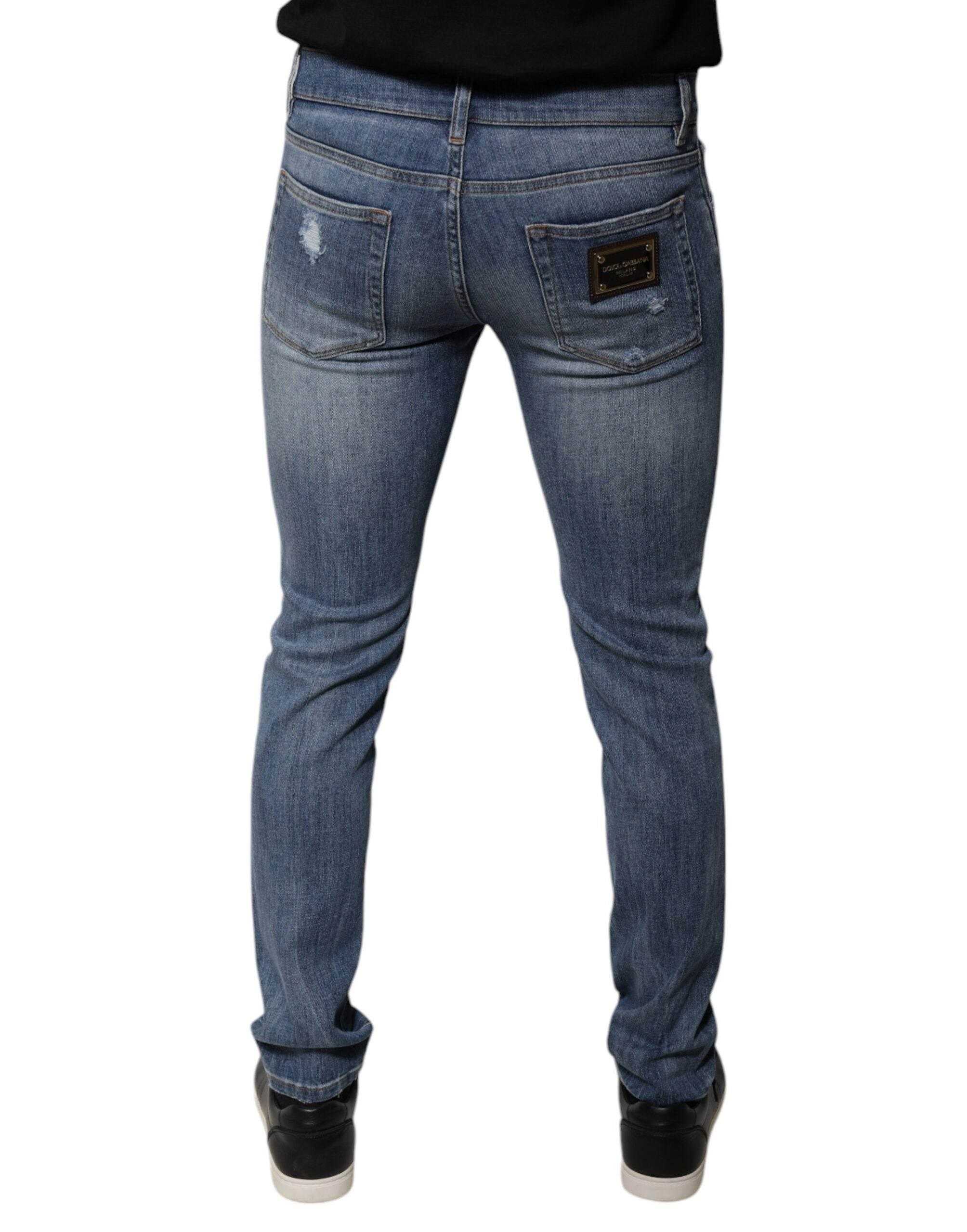 Dolce & Gabbana Blue Tattered Cotton Stretch Skinny Denim Jeans - Hilstor