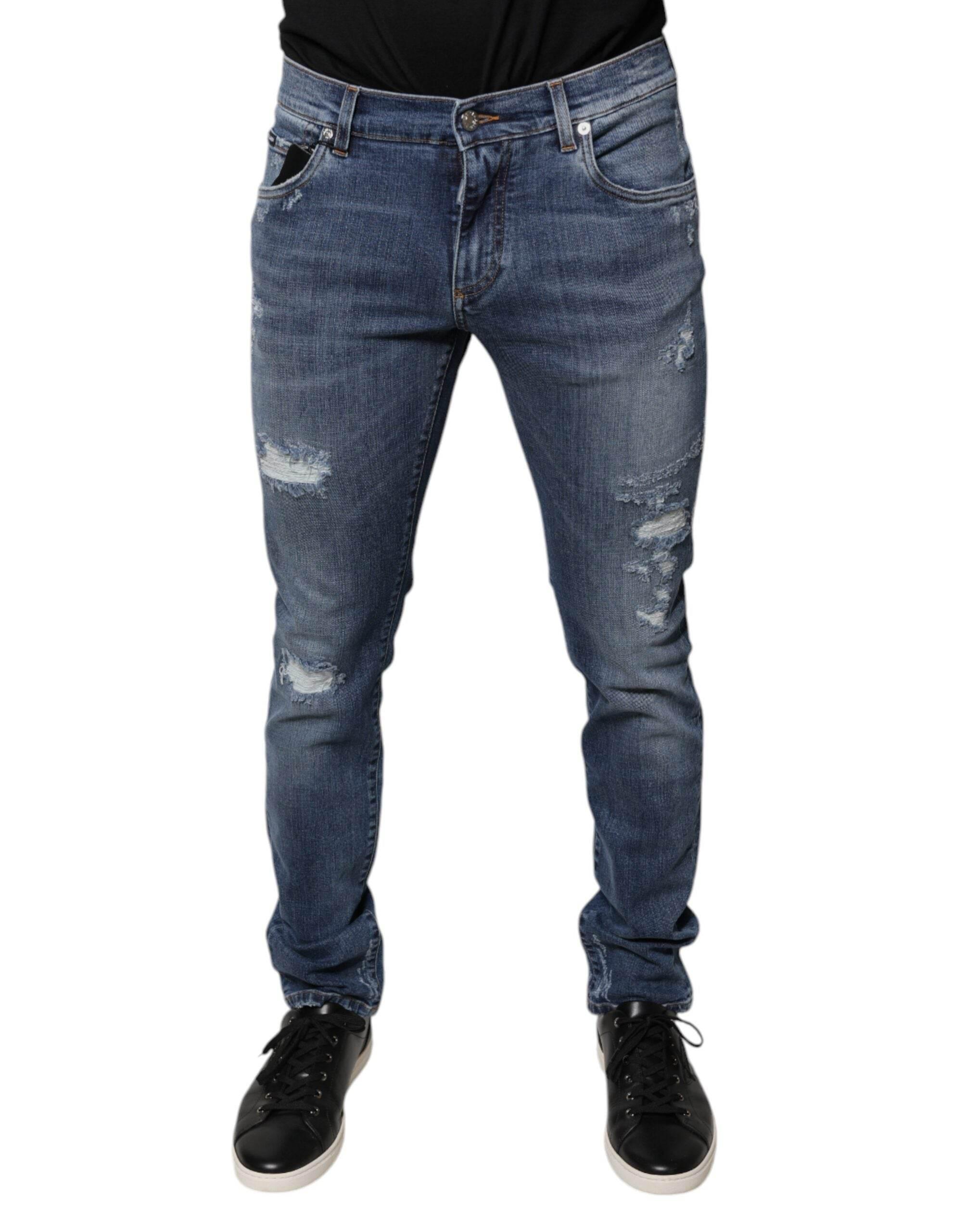 Dolce & Gabbana Blue Tattered Cotton Stretch Skinny Denim Jeans - Hilstor