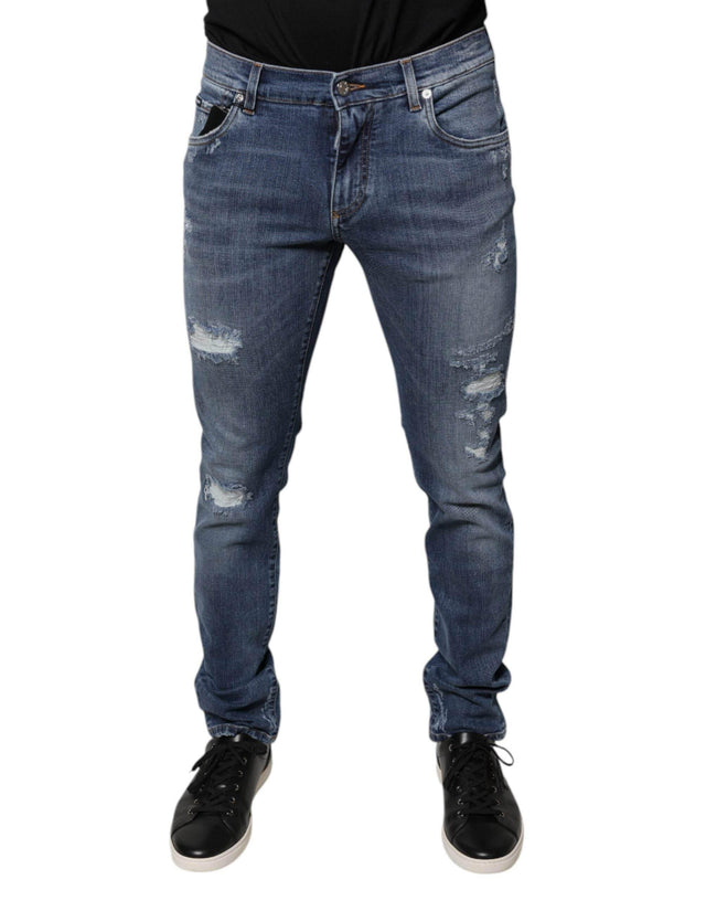 Dolce & Gabbana Blue Tattered Cotton Stretch Skinny Denim Jeans - Hilstor