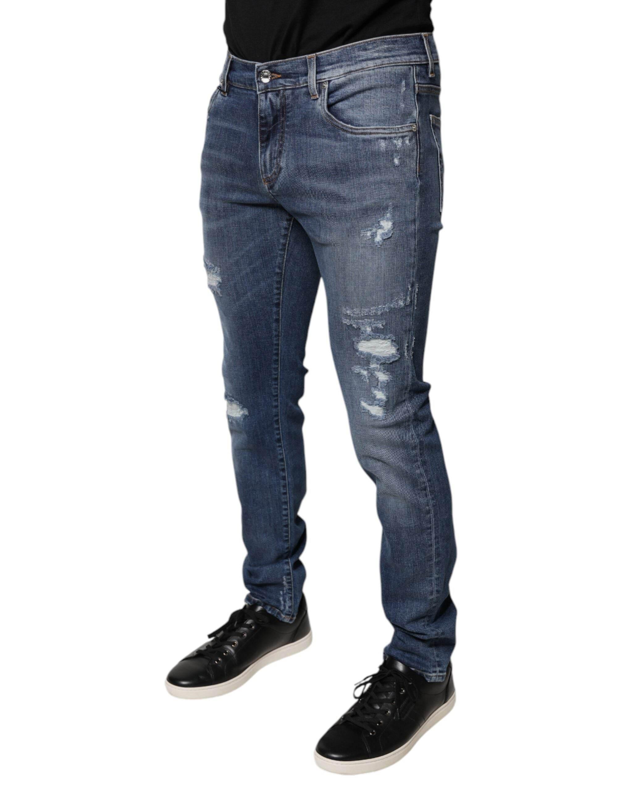 Dolce & Gabbana Blue Tattered Cotton Stretch Skinny Denim Jeans - Hilstor