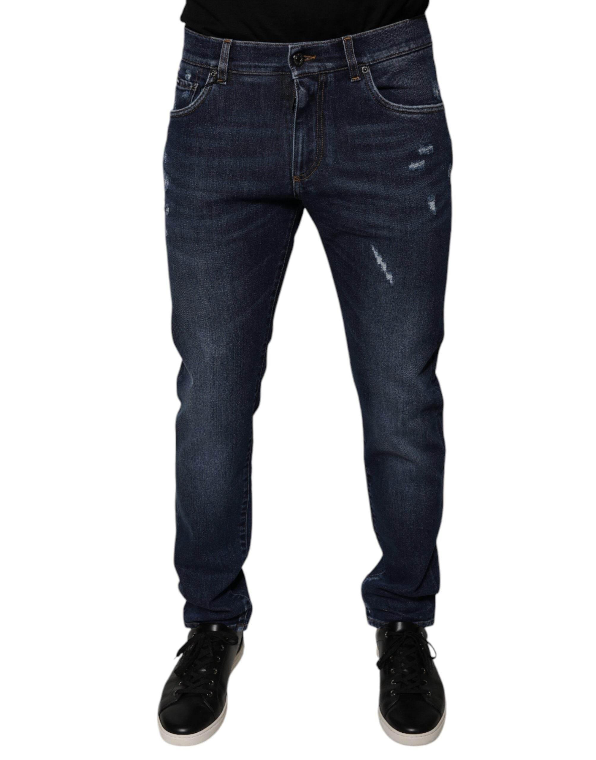 Dolce & Gabbana Dark Blue Cotton Logo Skinny Denim Jeans - Hilstor