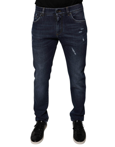 Dolce & Gabbana Dark Blue Cotton Logo Skinny Denim Jeans - Hilstor