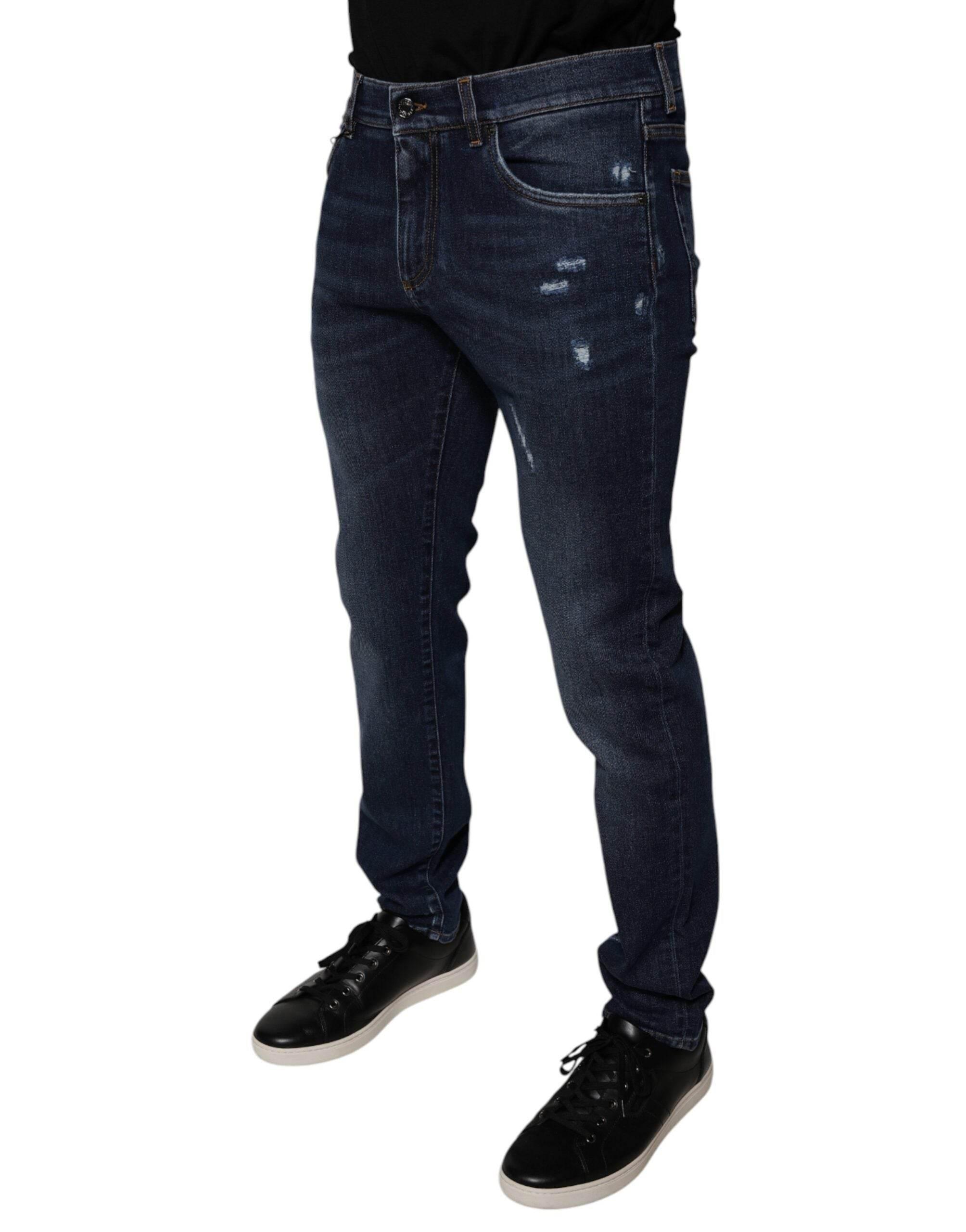 Dolce & Gabbana Dark Blue Cotton Logo Skinny Denim Jeans - Hilstor