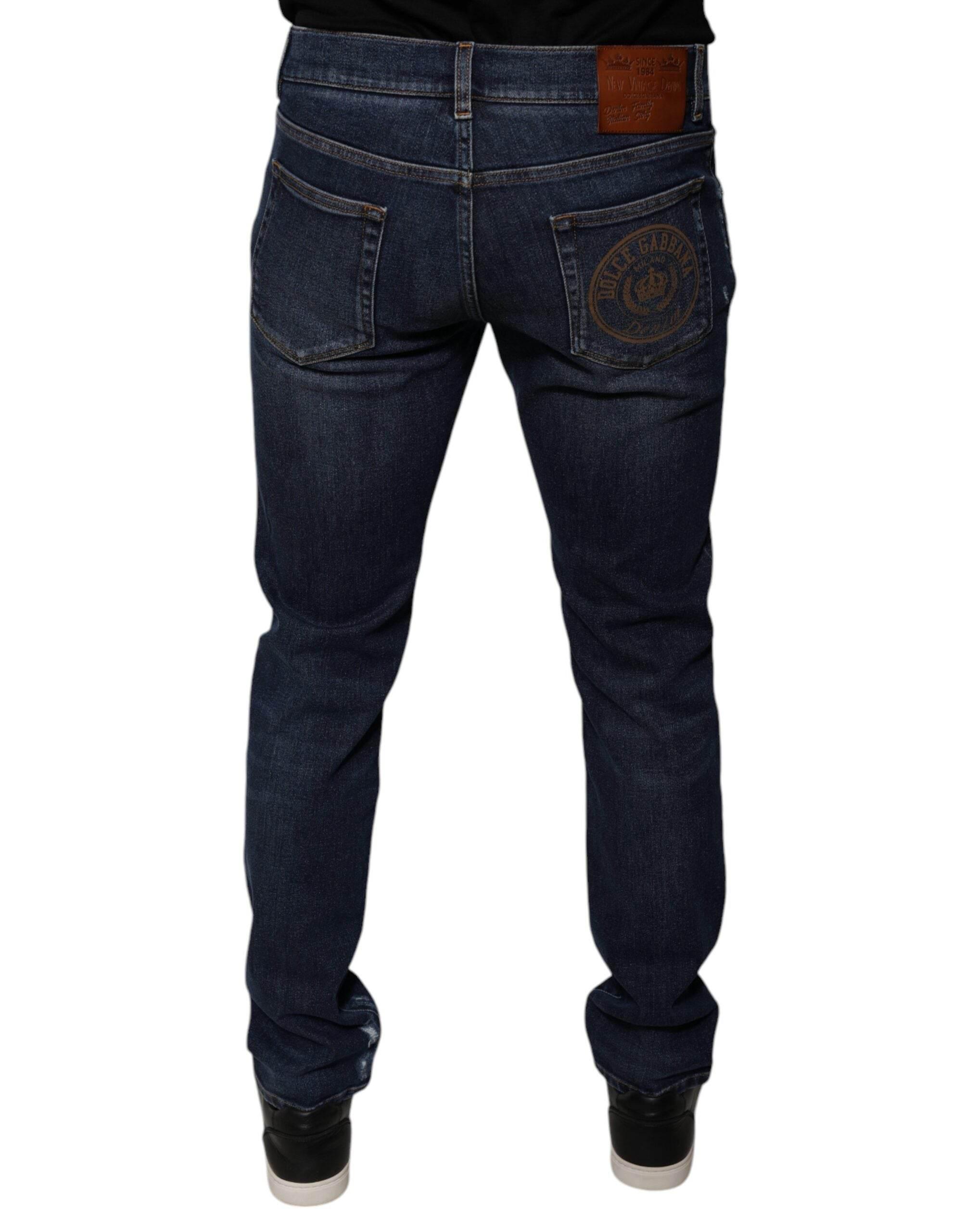 Dolce & Gabbana Dark Blue Cotton Logo Skinny Denim Jeans - Hilstor