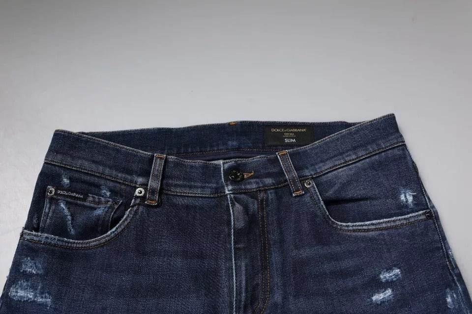 Dolce & Gabbana Dark Blue Cotton Logo Skinny Denim Jeans - Hilstor